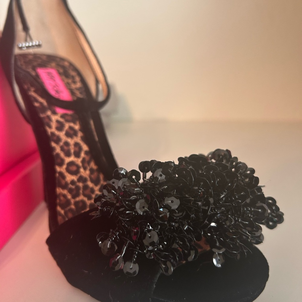 Betsey Johnson Black Sequin Floral Open-Toe Heel